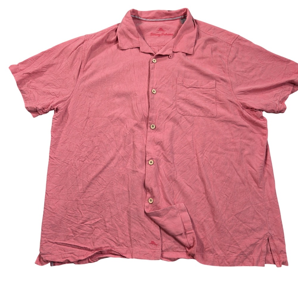 Tommy Bahama Camp Shirt Mens XXL Pink 100% Silk Short Sleeve Button Down Pocket